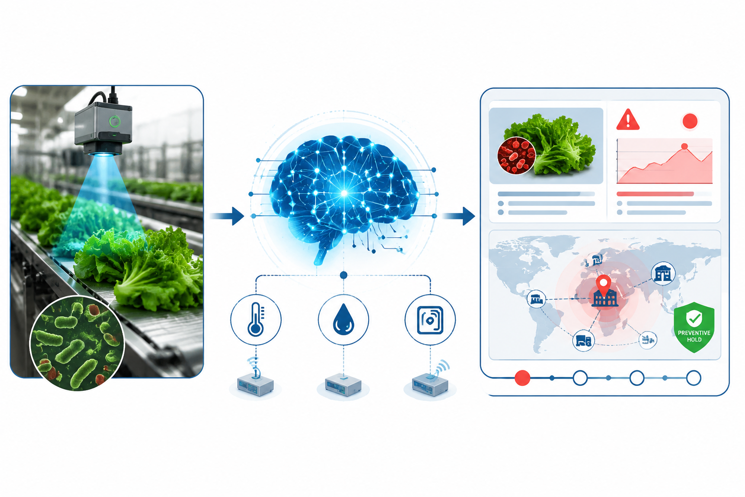 Workflow from spectral scanning through AI and IoT alerts to preventive hold and supply chain blast-radius visualization