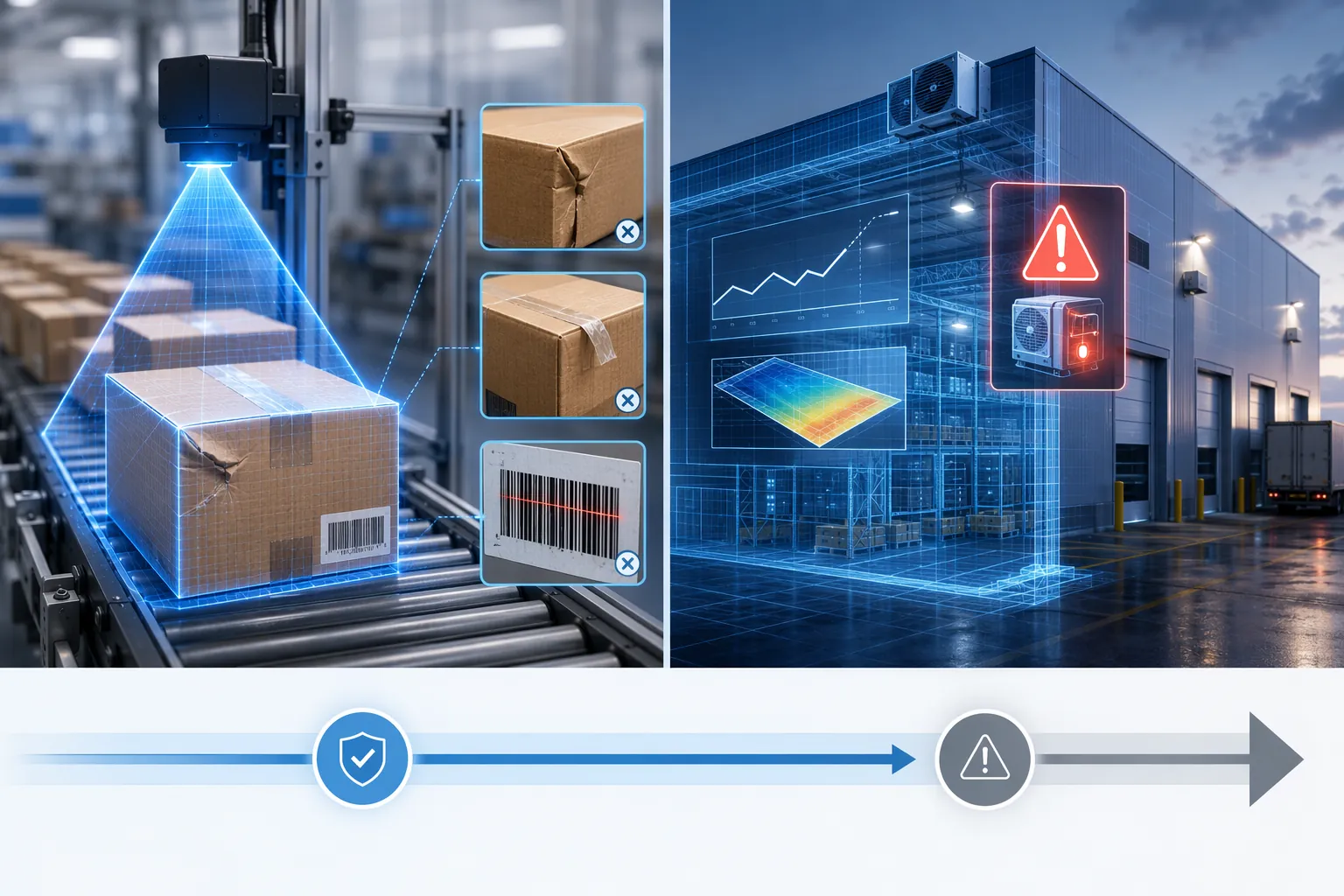 AI defect detection scan and digital twin refrigeration warning in a grocery supply chain