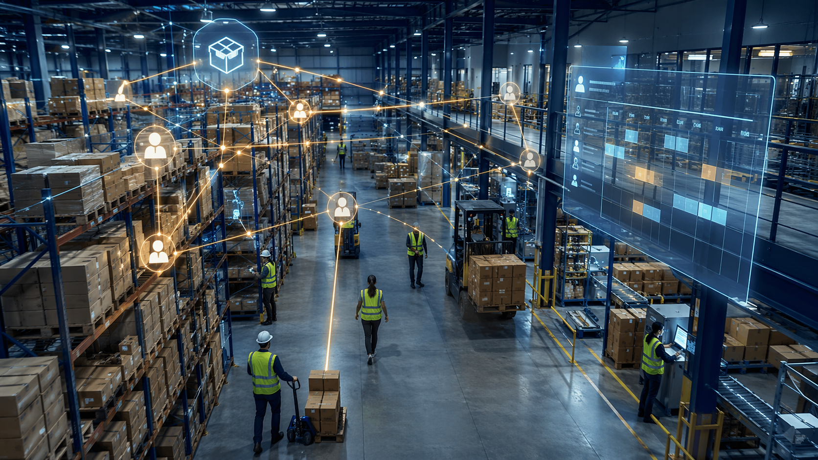 Modern warehouse floor with data overlays representing AI-powered labor scheduling and workforce optimization