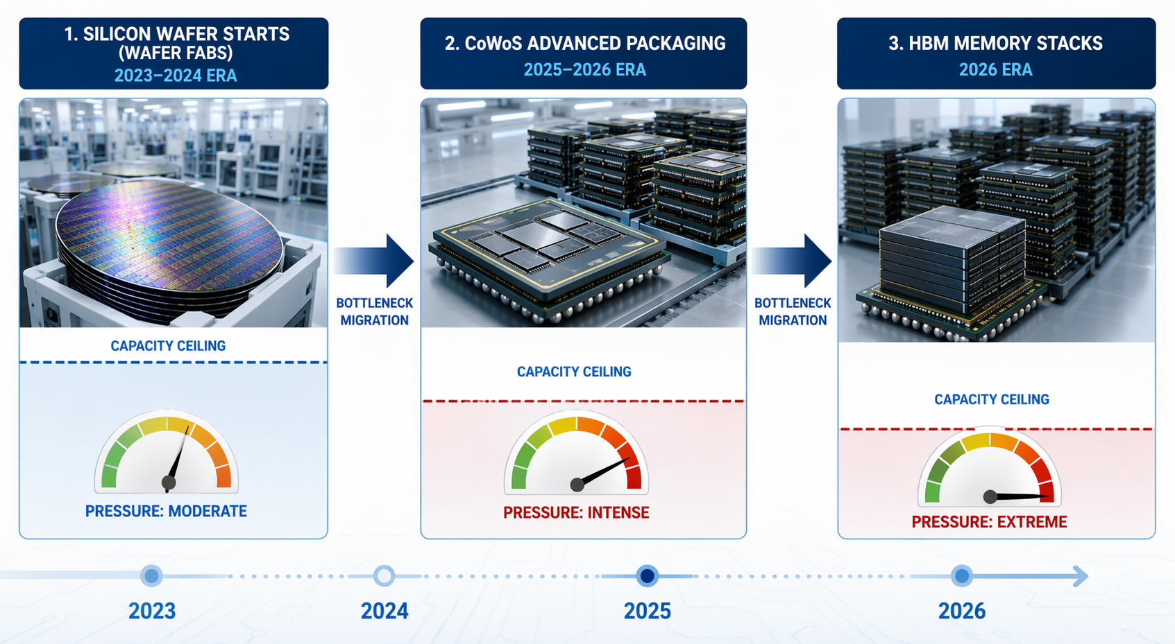 Industrial diagram showing AI chip bottlenecks moving from wafer fabs to CoWoS advanced packaging and HBM memory from 2023 to 2026