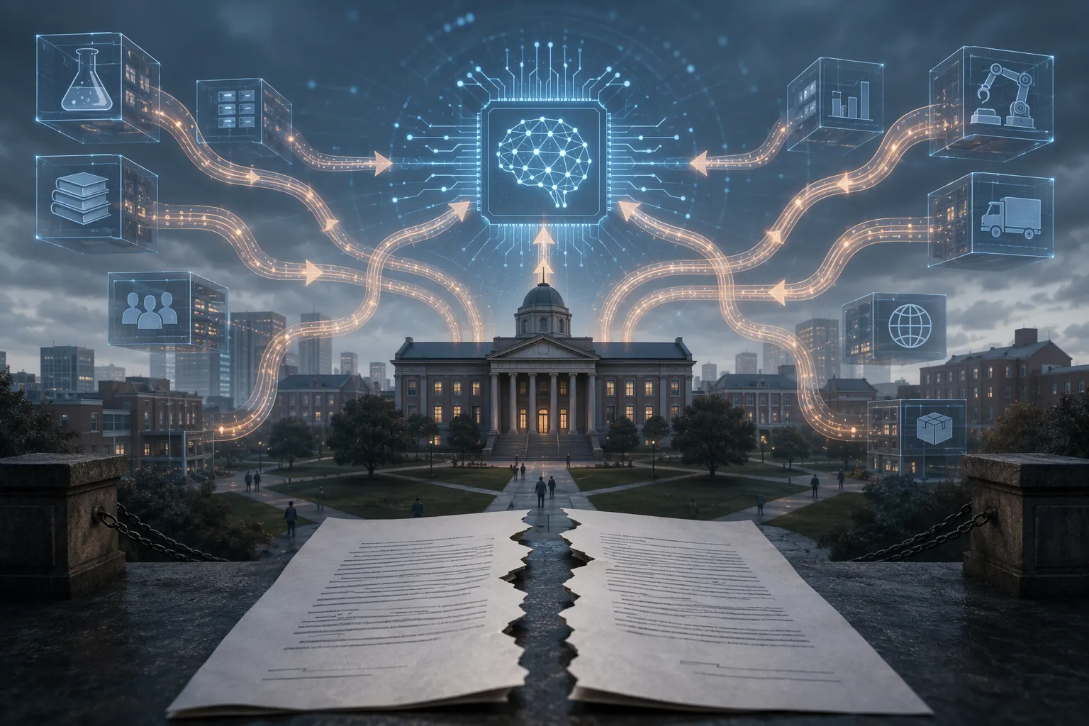 University campus connected by data pipelines and supply-chain arrows to an AI processor, with a torn contract in the foreground