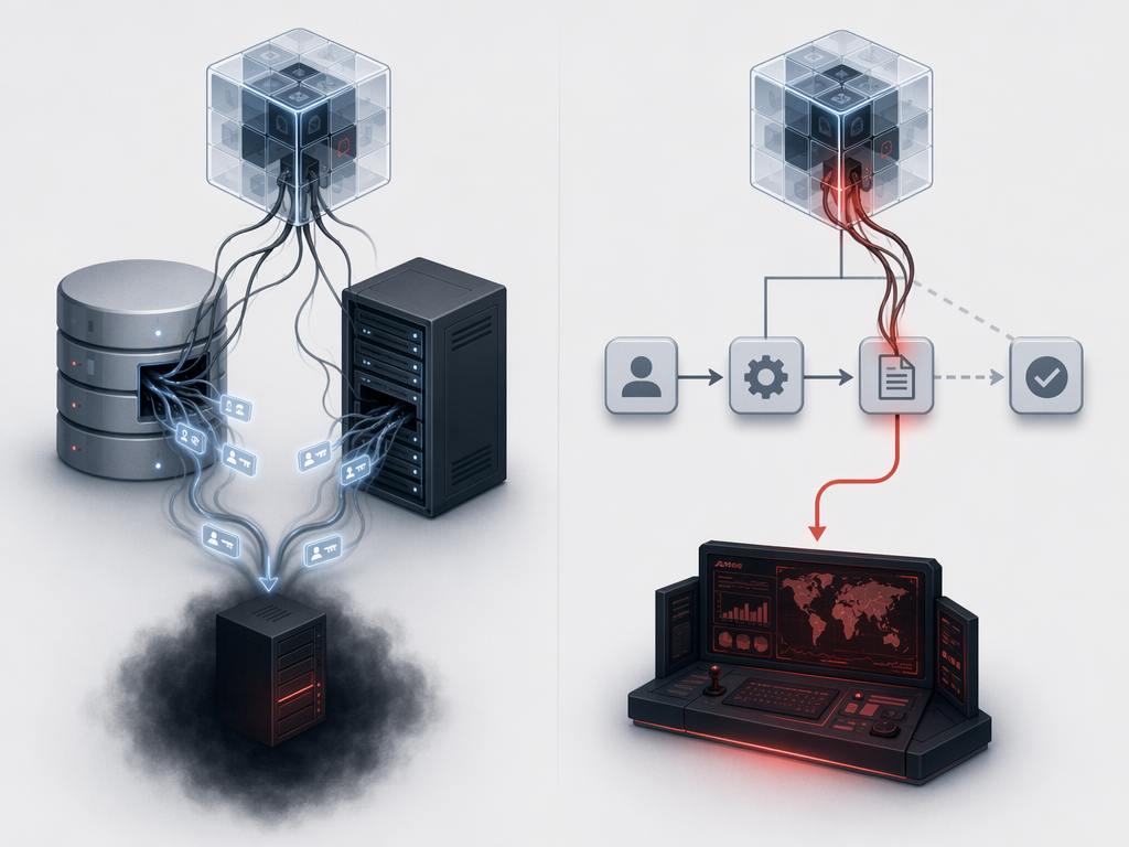 Two-panel diagram showing credential tokens extracted to a hidden server and a workflow redirected to a hijacked operational console