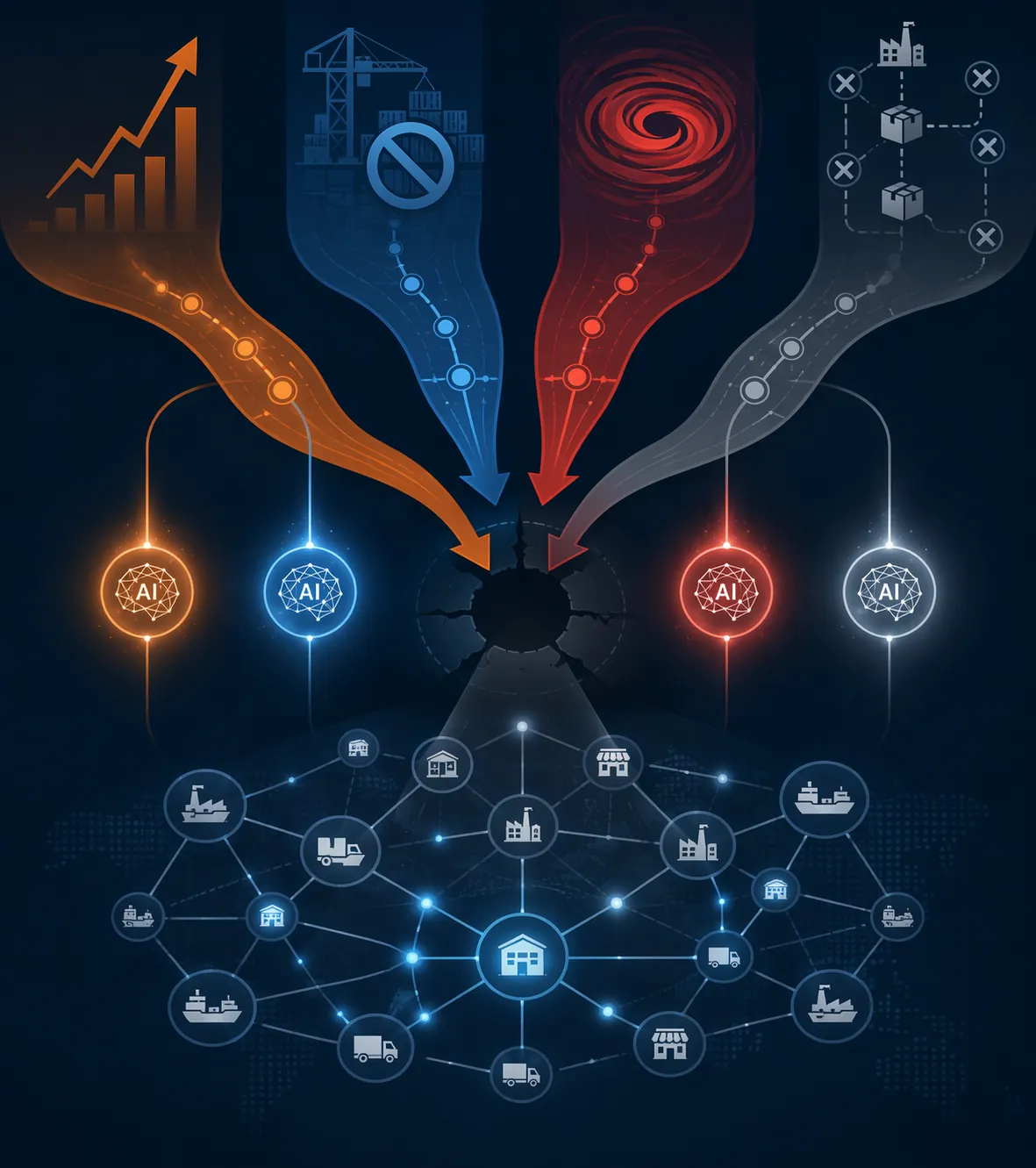 Four hurricane disruption pathways converging on a supply chain network with an unresolved cascade prediction gap