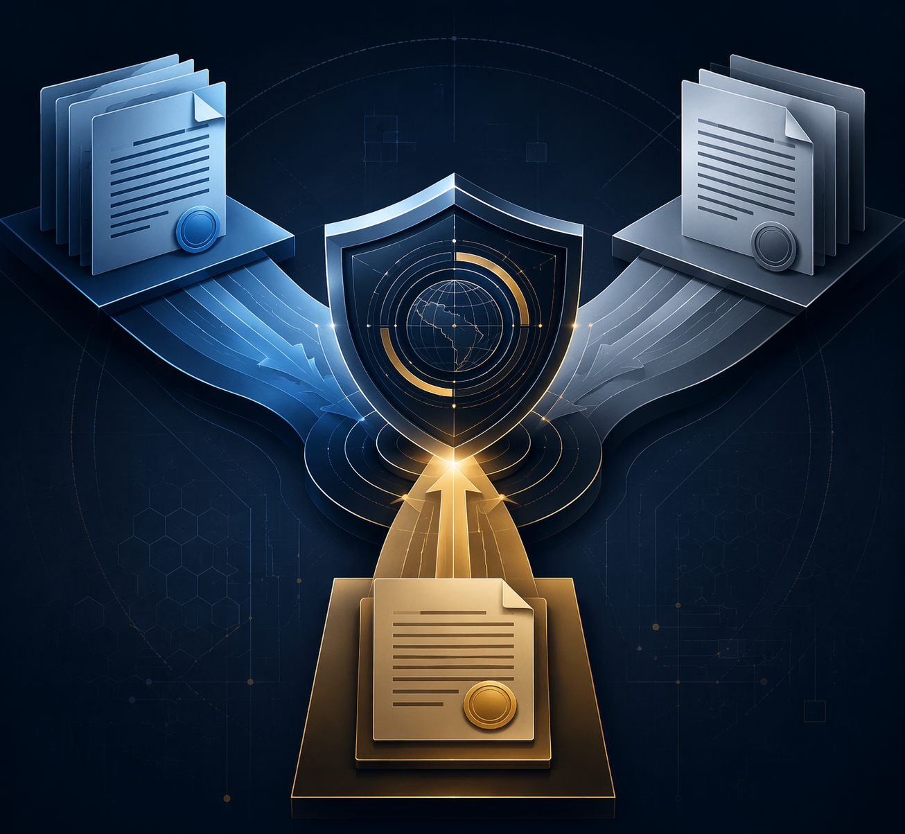 Three abstract forces converging into a unified shield-like compliance structure