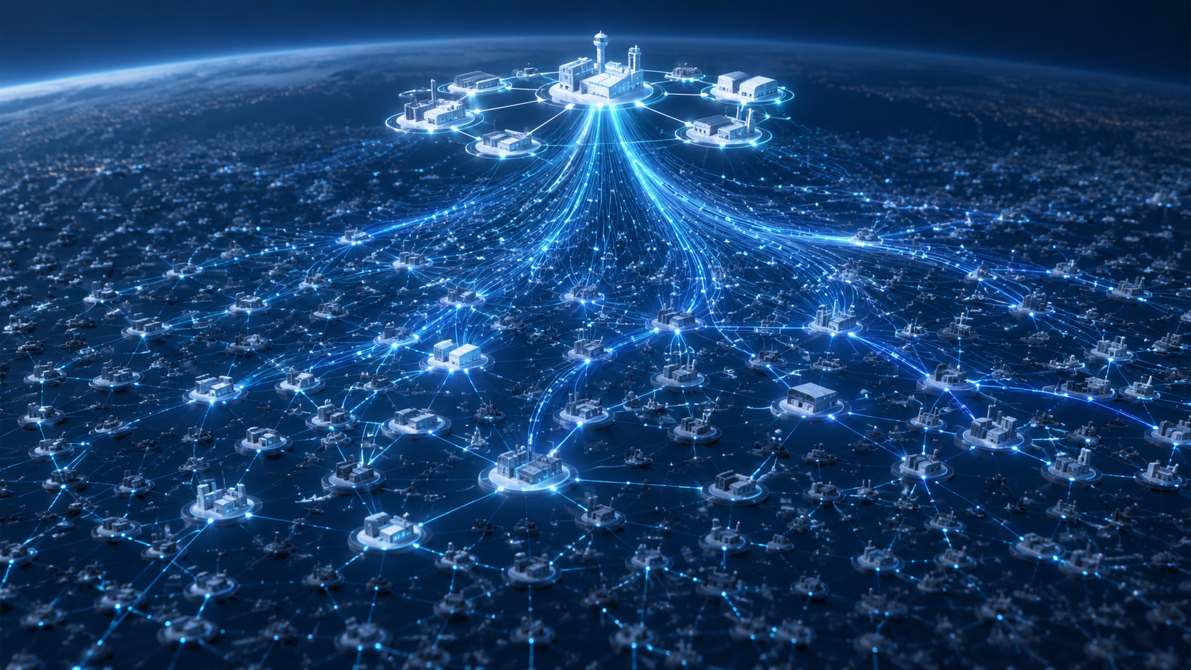 AI-powered supplier network visualization expanding from a small cluster into hundreds of thousands of sub-tier nodes