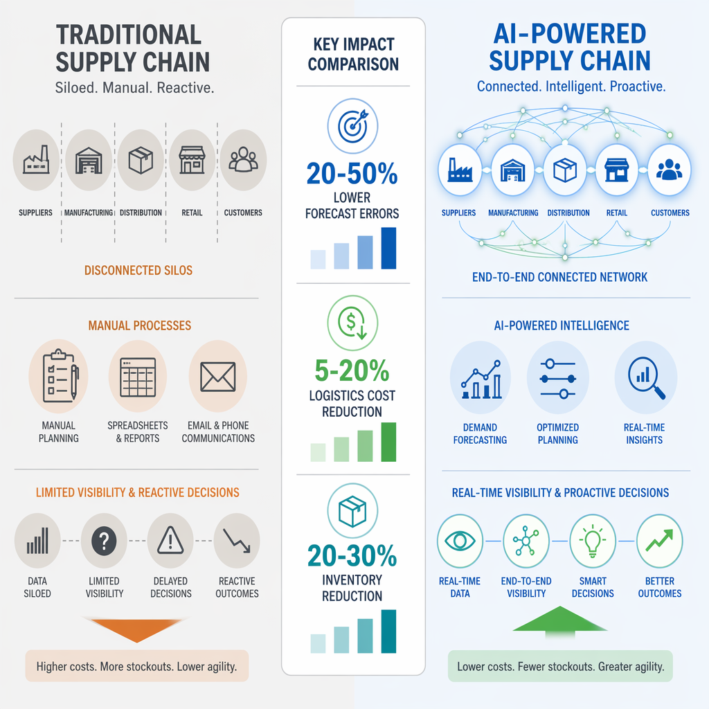 Split comparison infographic: left side labeled 'Traditional Supply Chain' in muted gray with disconnected silo icons and downward arrow; right side labeled 'AI-Powered Supply Chain' in blue and green with interconnected glowing nodes and upward arrow; center bar displays comparison metrics including '20-50% lower forecast errors', '5-20% logistics cost reduction', and '20-30% inventory reduction' with subtle bar indicators.