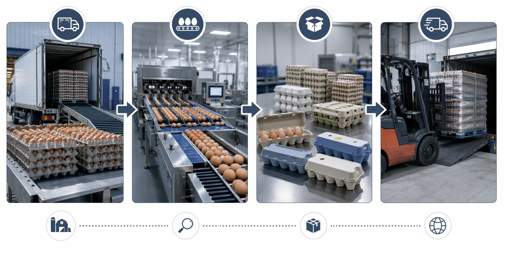 Diagram of egg supply chain flow from receiving through grading, packing, repacking, creation, and outbound shipping