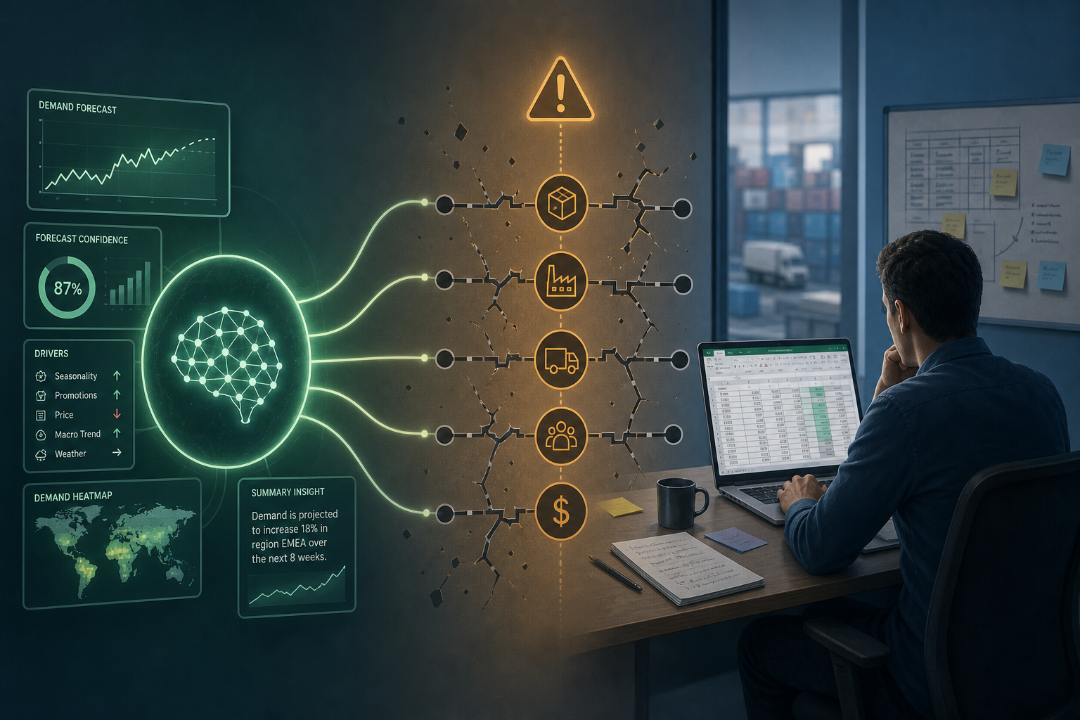 Illustration showing an AI forecast node on the left, a fragmented connector layer in the center with broken links, and a human planner working on a spreadsheet on the right.