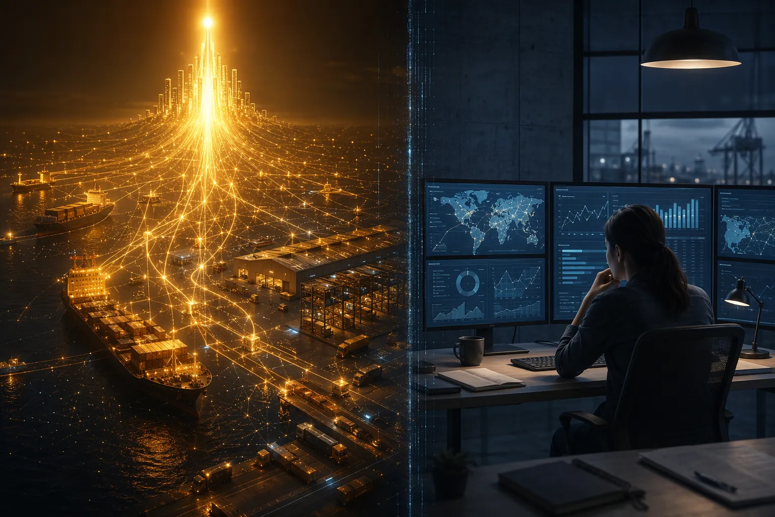 Digital supply chain network flowing toward concentrated wealth while a planner works in a control room