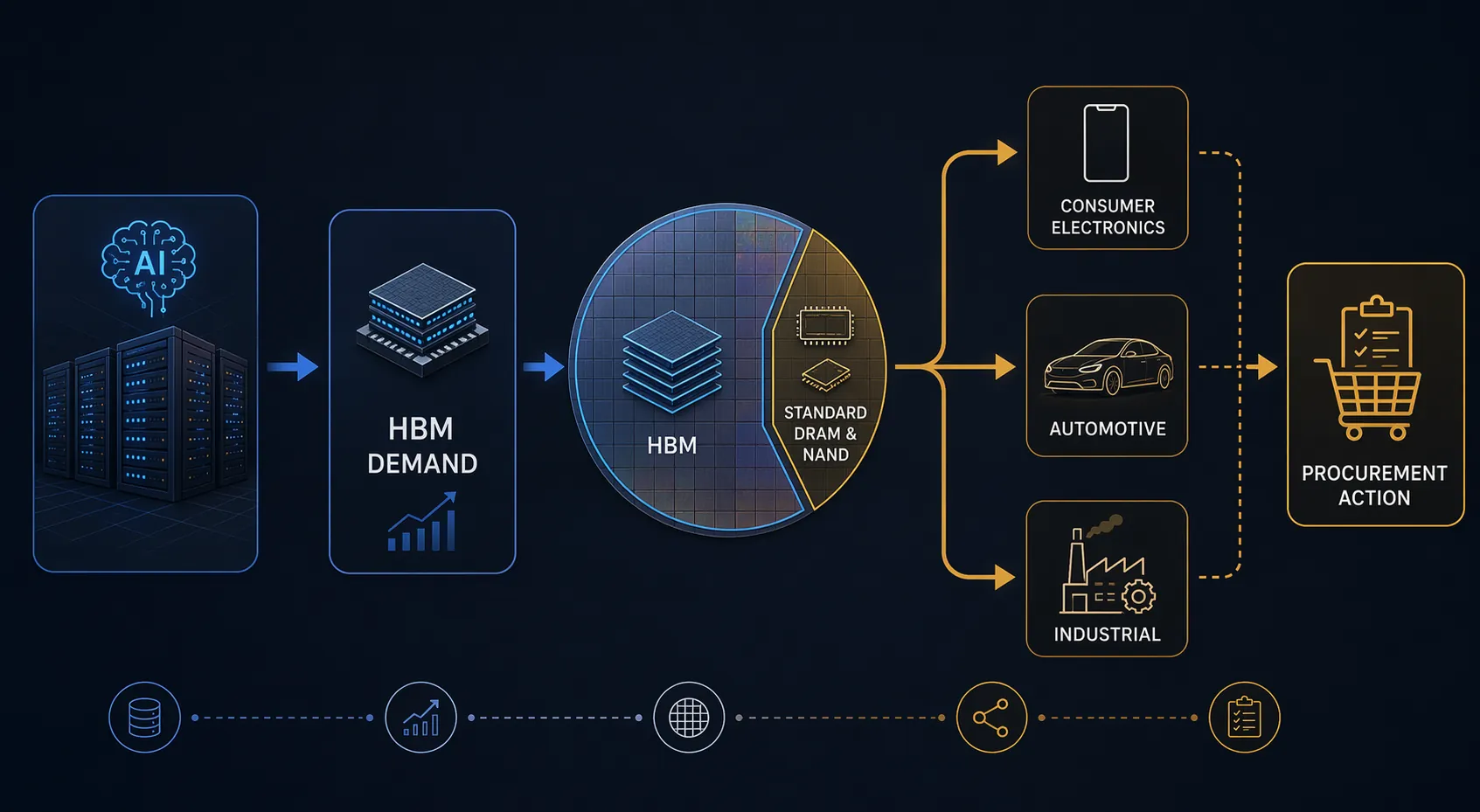 Supply chain cascade from data center HBM demand into standard DRAM, NAND, consumer electronics, automotive, and industrial categories
