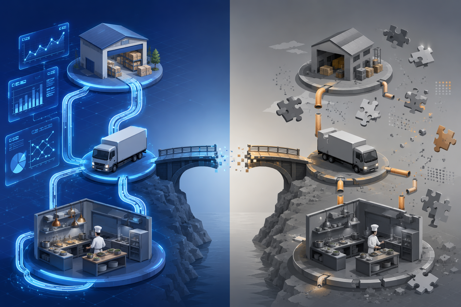 Restaurant supply chain data flowing through connected AI nodes on one side and fragmented disconnected systems on the other