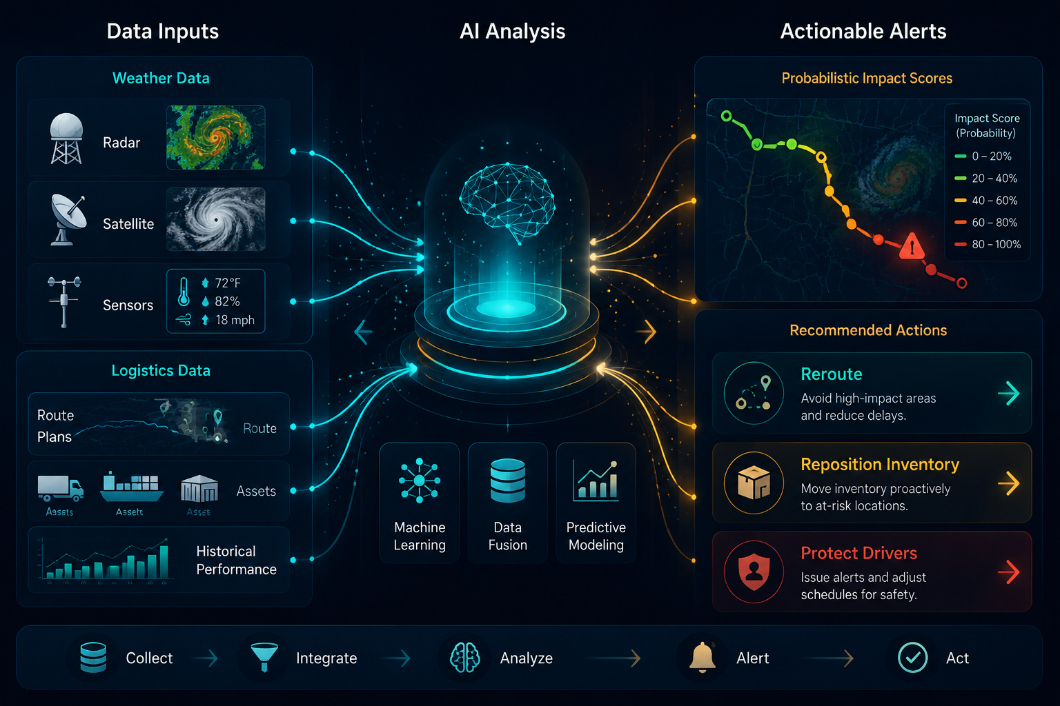Weather and logistics data flowing into an AI node that scores routes and triggers rerouting inventory and driver safety actions
