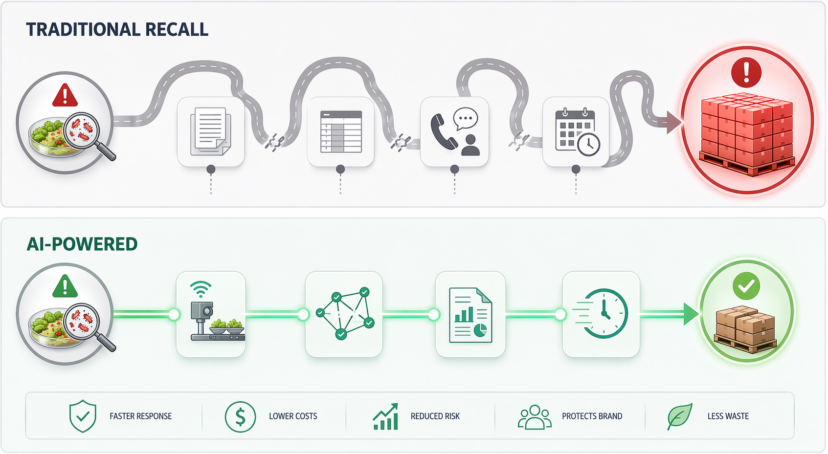 Recall investigation timelines comparing manual records leading to an entire batch recall with automated traceability leading to targeted units