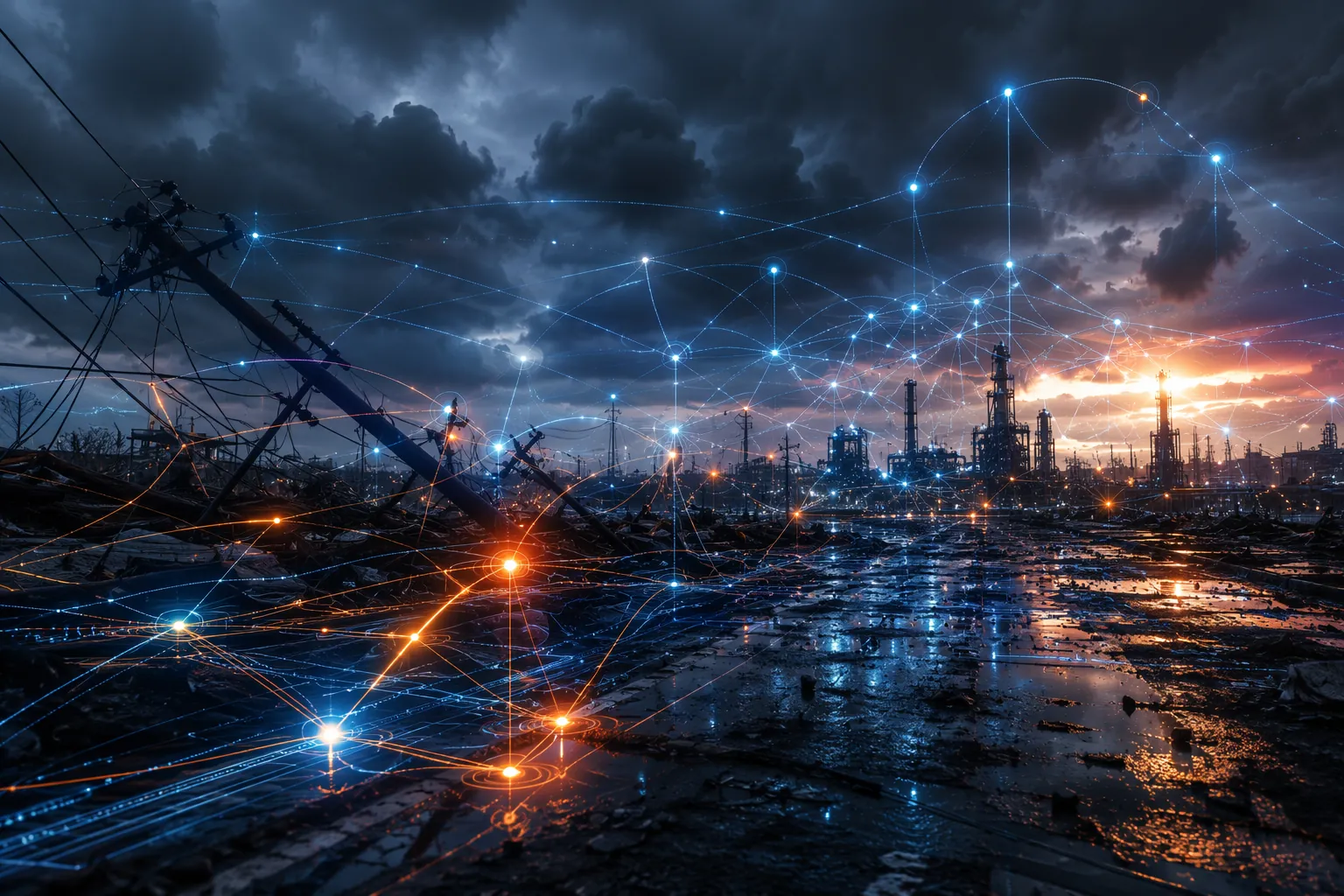 Storm-damaged industrial facilities and downed power lines overlaid with a digital recovery network