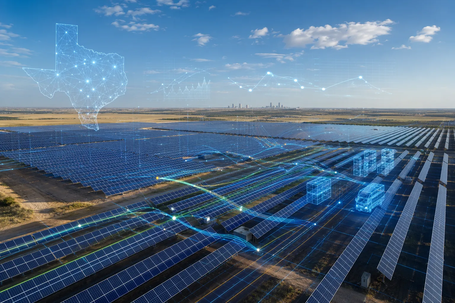 Texas solar farm with digital supply chain planning overlays