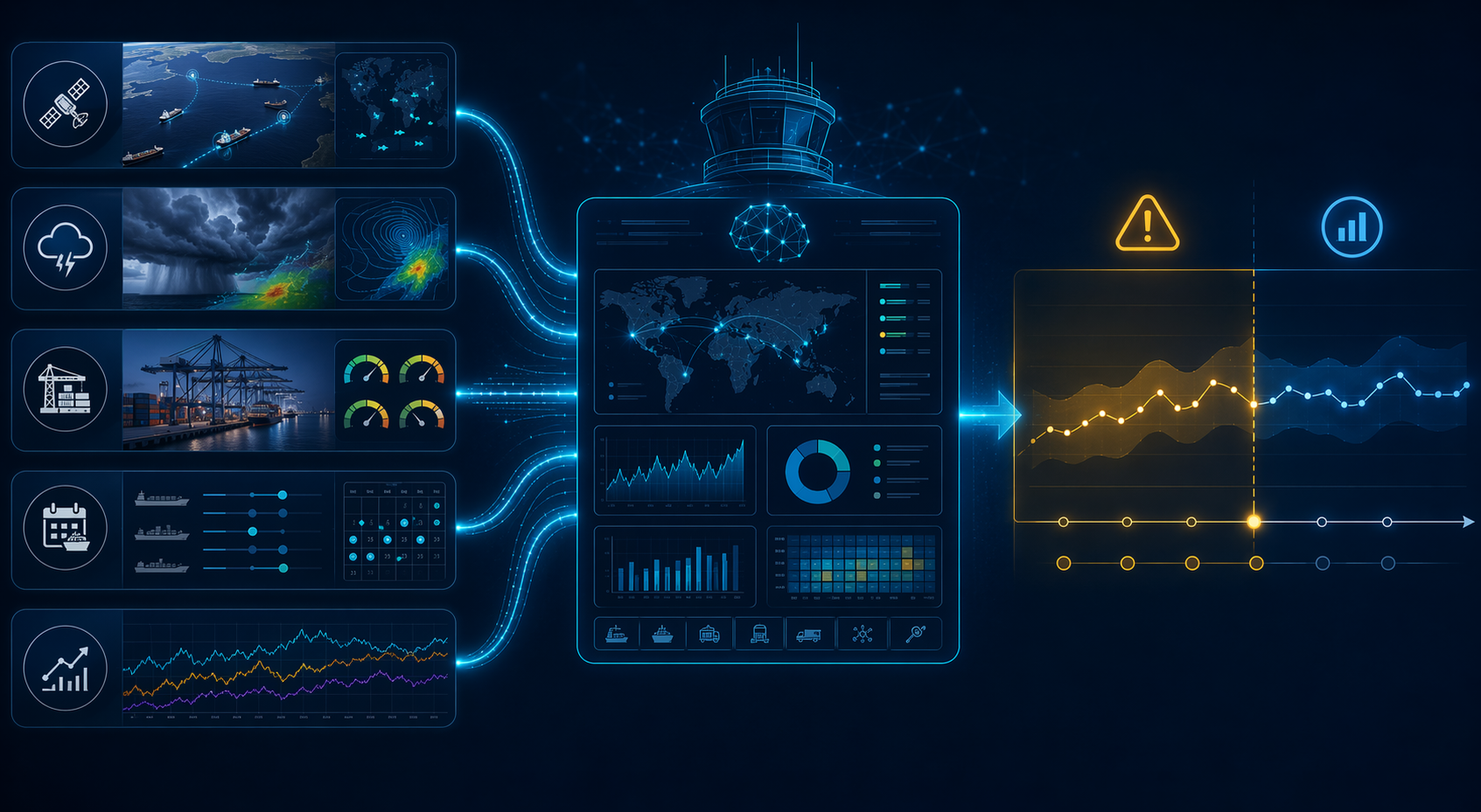 Five data sources including satellite AIS, marine weather, port utilization, carrier schedules, and economic trend lines feeding into a digital control tower dashboard