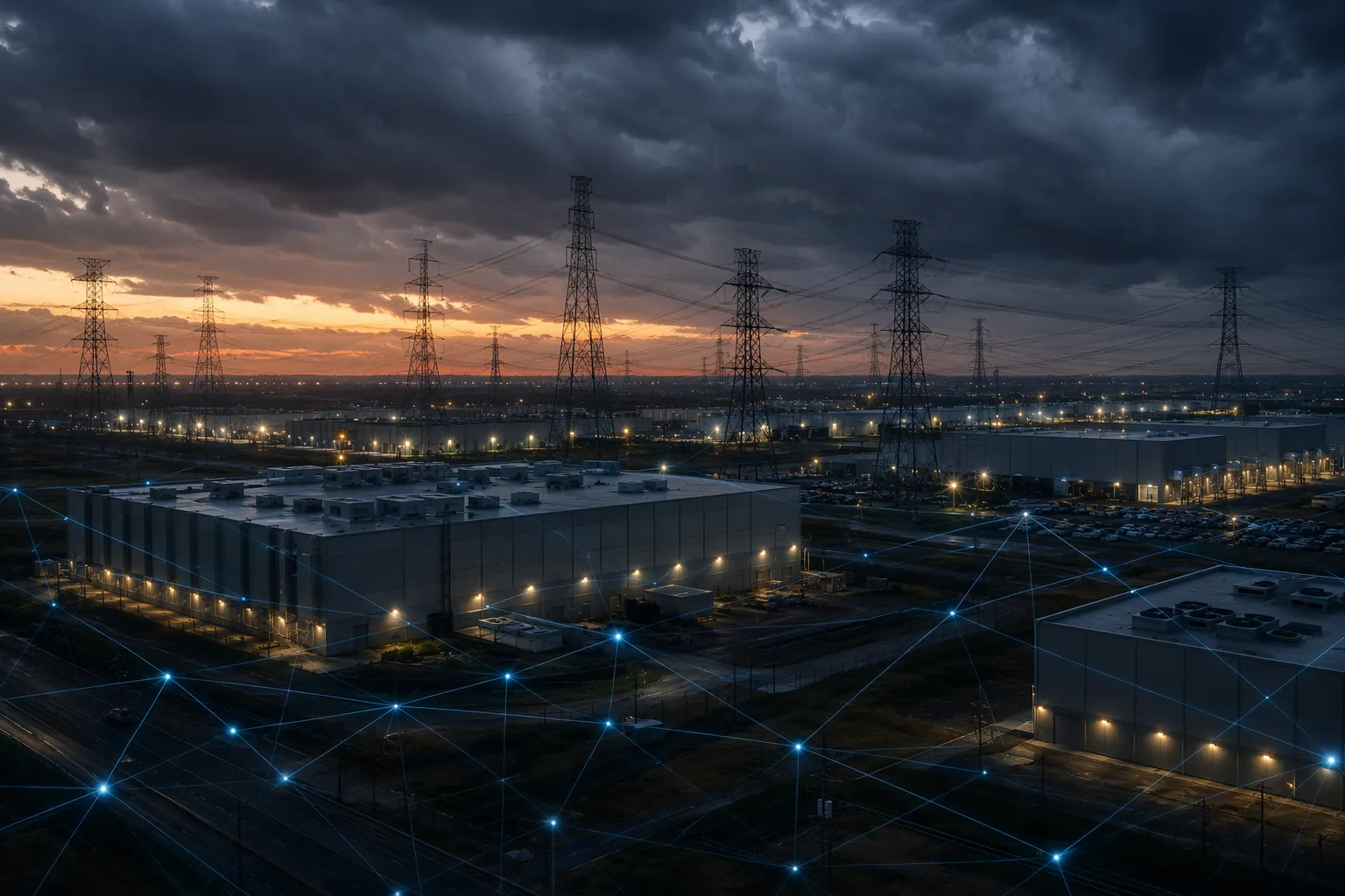 Data centers under high-voltage transmission lines with supply chain network connections