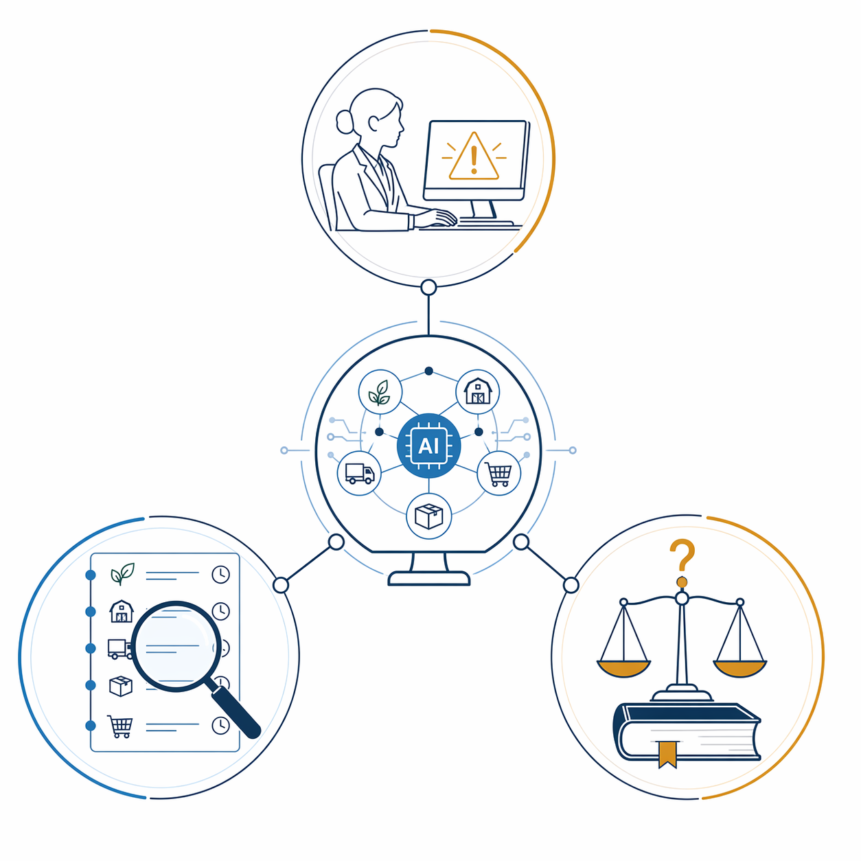 Diagram of AI traceability connected to alert, timestamp, and legal-risk nodes