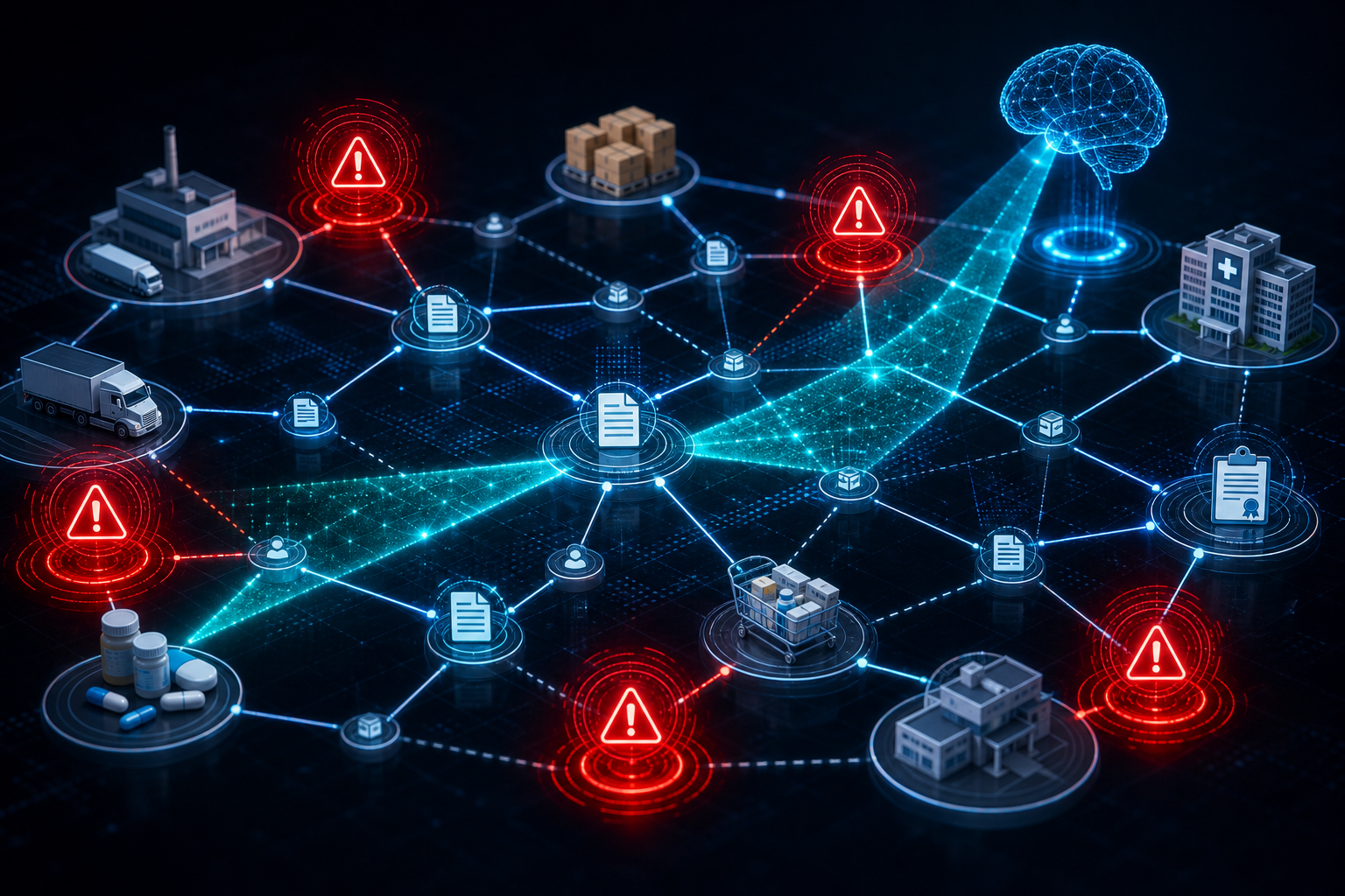 A network graphic showing supplier, invoice, product, and contract nodes with red warning markers and scanning detection signals.