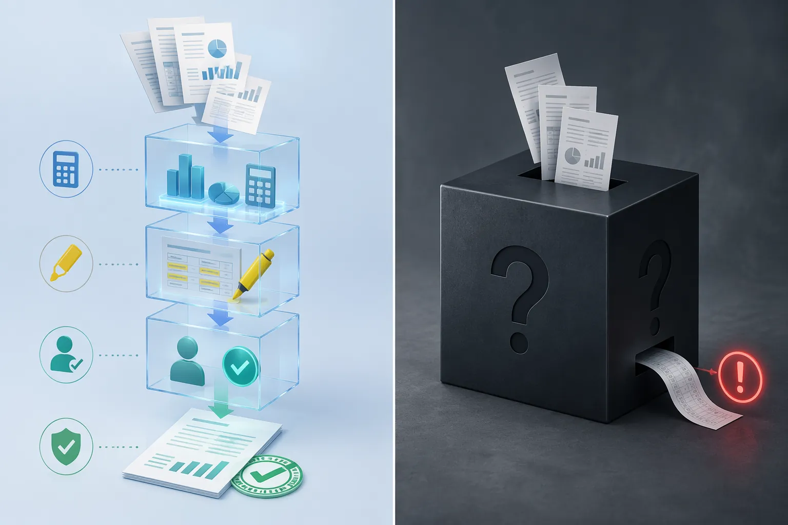 Split comparison of a transparent audit-trail workflow and an opaque AI black box producing an unexplained compliance number