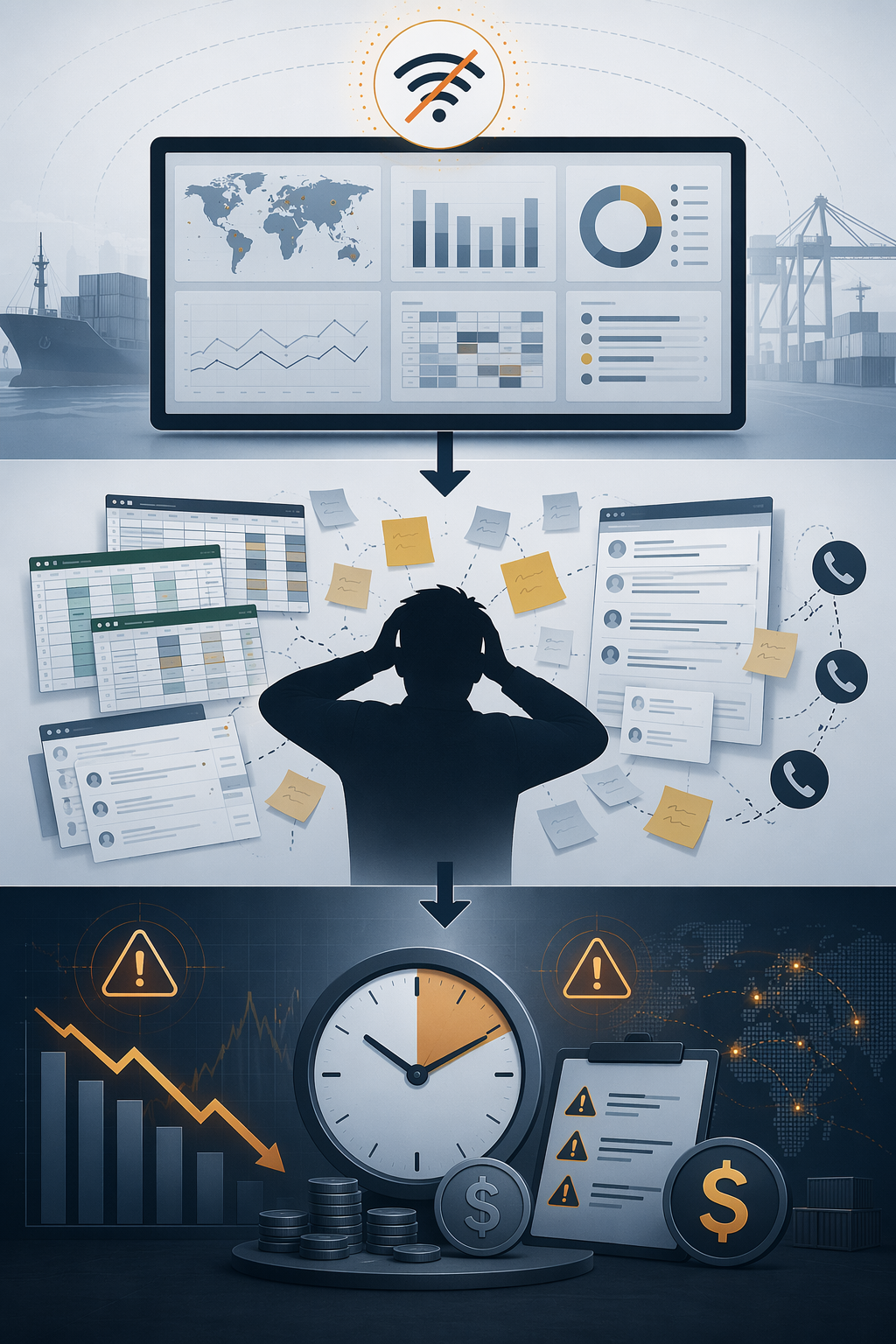 Failure chain from weak dashboard signals to manual coordination and financial exposure