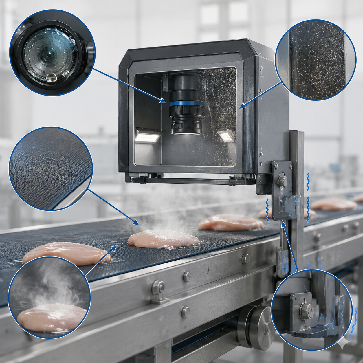 AI food inspection camera housing with callouts for condensation, scratches, dust, steam, and vibration