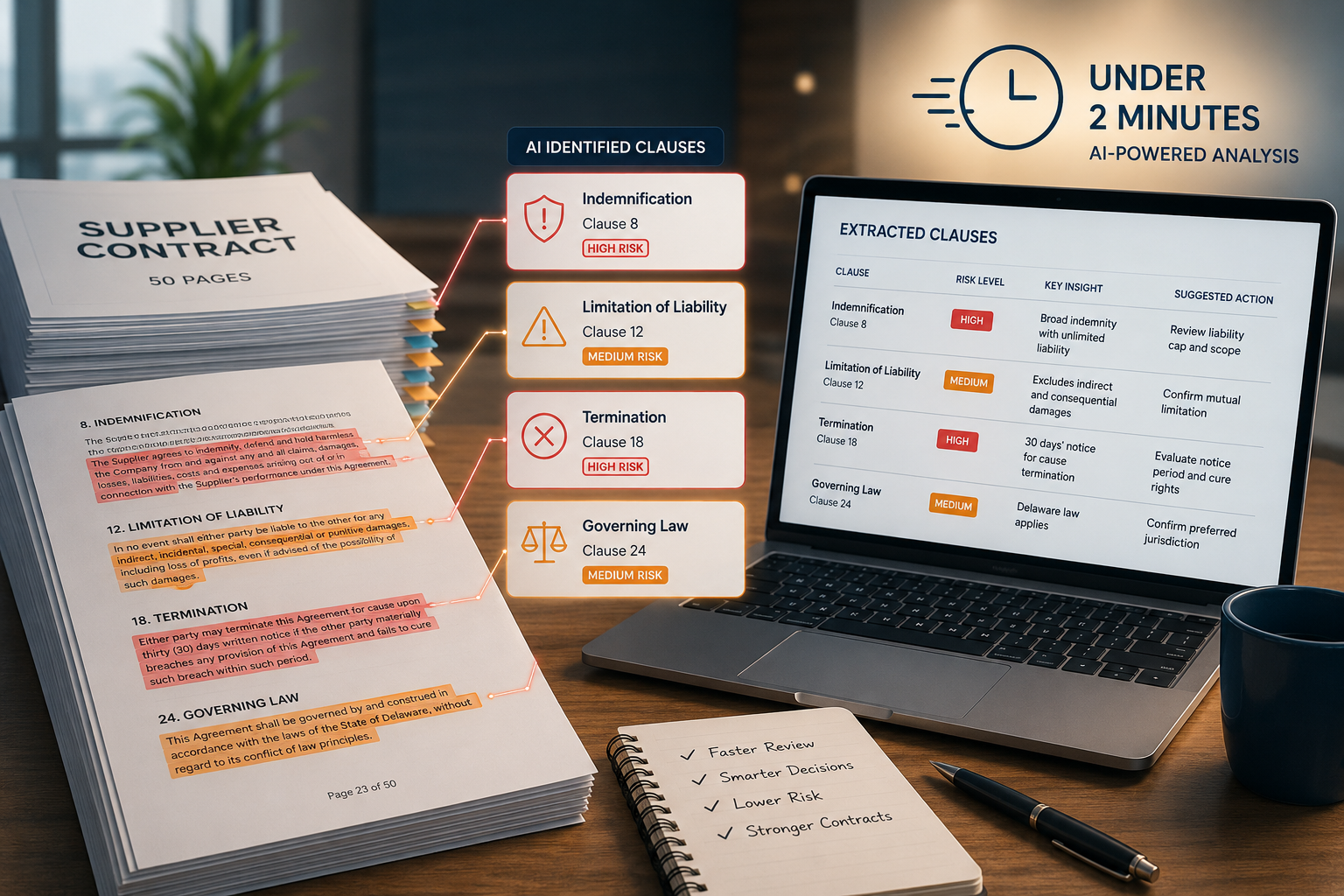 A procurement workspace with a supplier contract, highlighted risk clauses, AI extraction results, and an under-two-minute processing indicator
