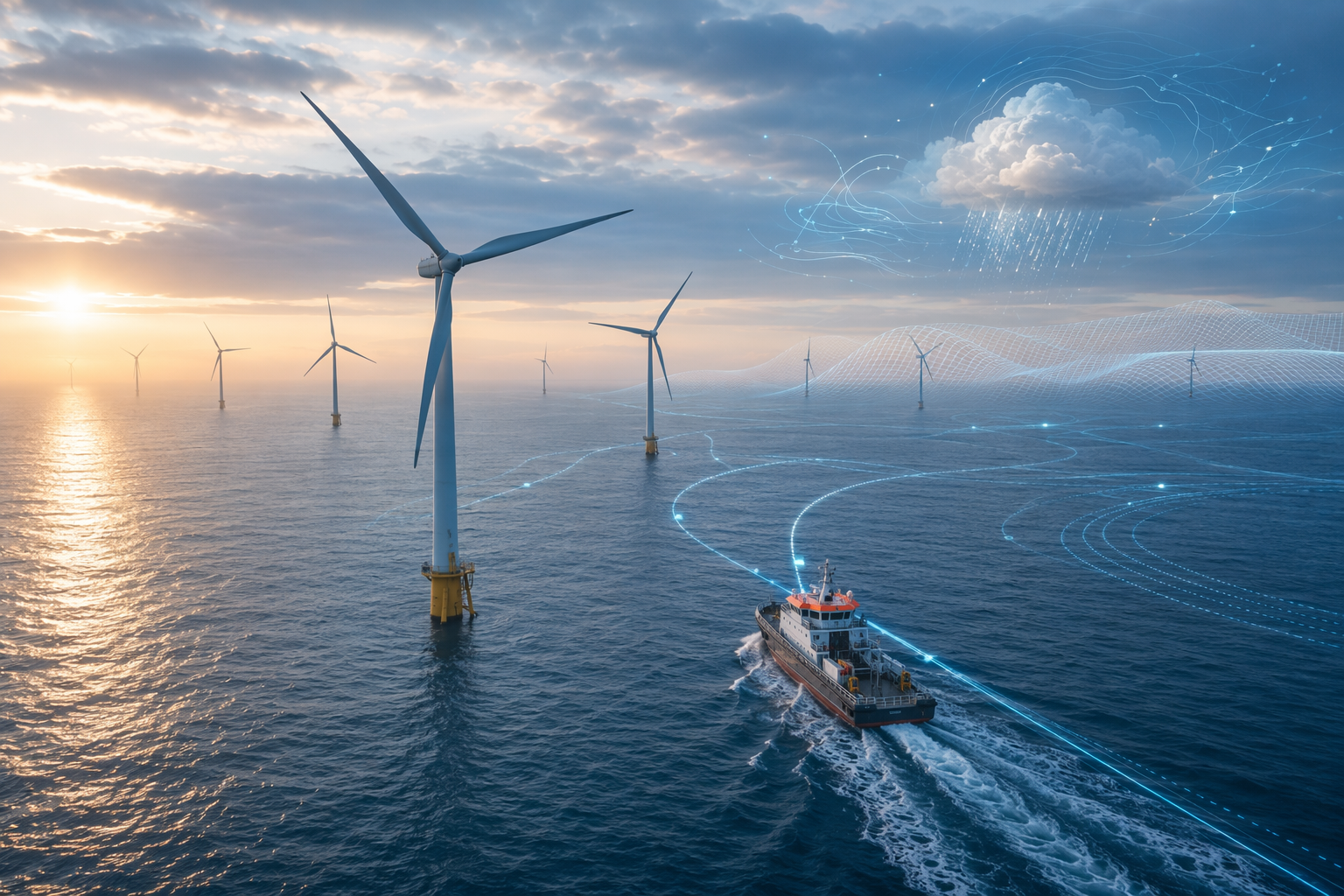 Offshore wind farm with a crew transfer vessel, digital route lines, and weather data overlays