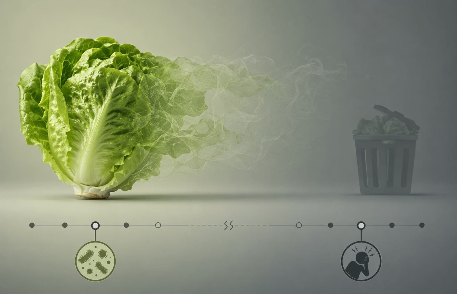 Leafy green lettuce fading across a calendar timeline between contamination and symptom onset