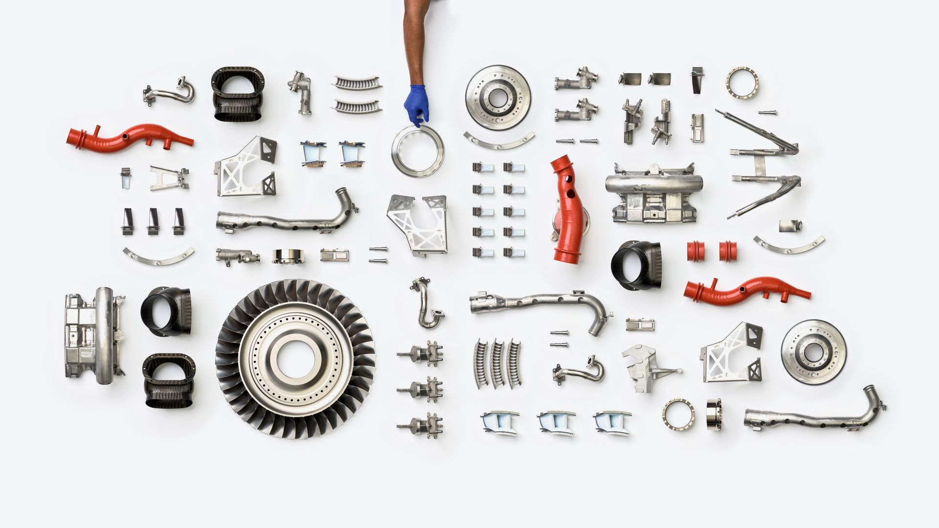 Work-in-progress aircraft engine components arranged on a manufacturing floor