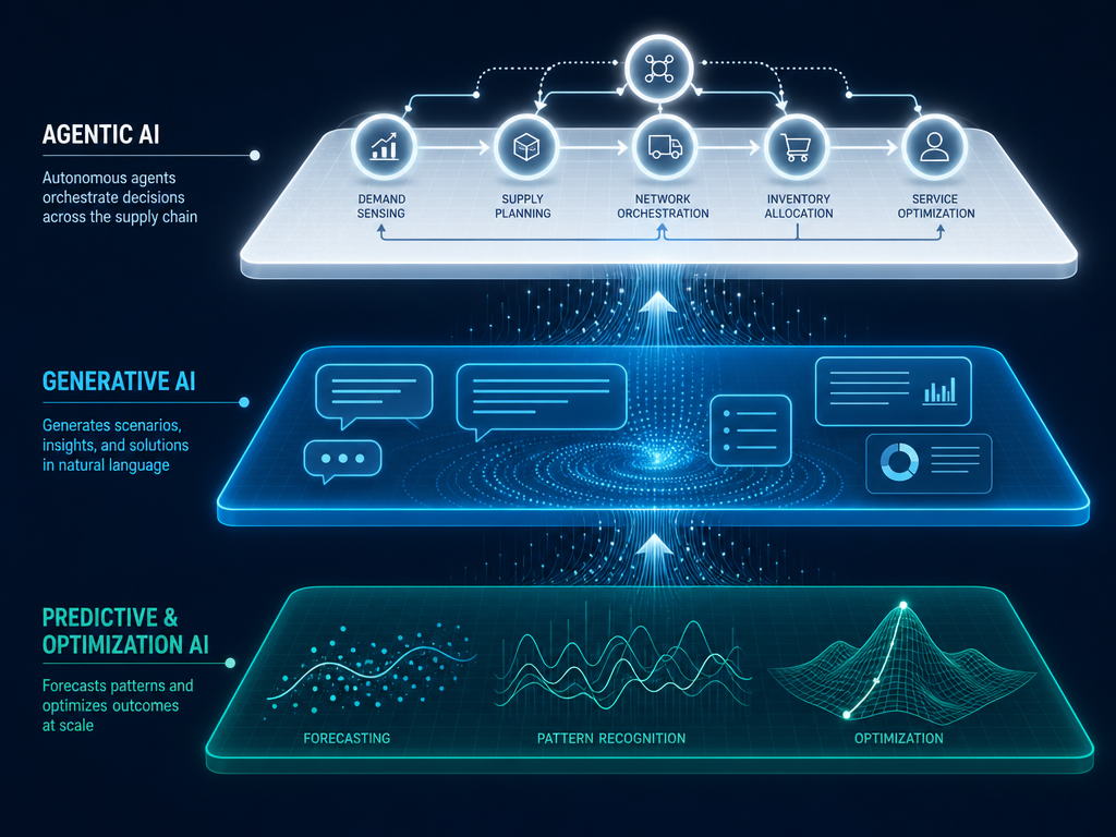 Three-tier AI architecture stack diagram showing predictive ML at the base, generative AI in the middle layer, and agentic AI at the top, with upward-flowing data streams connecting each layer.