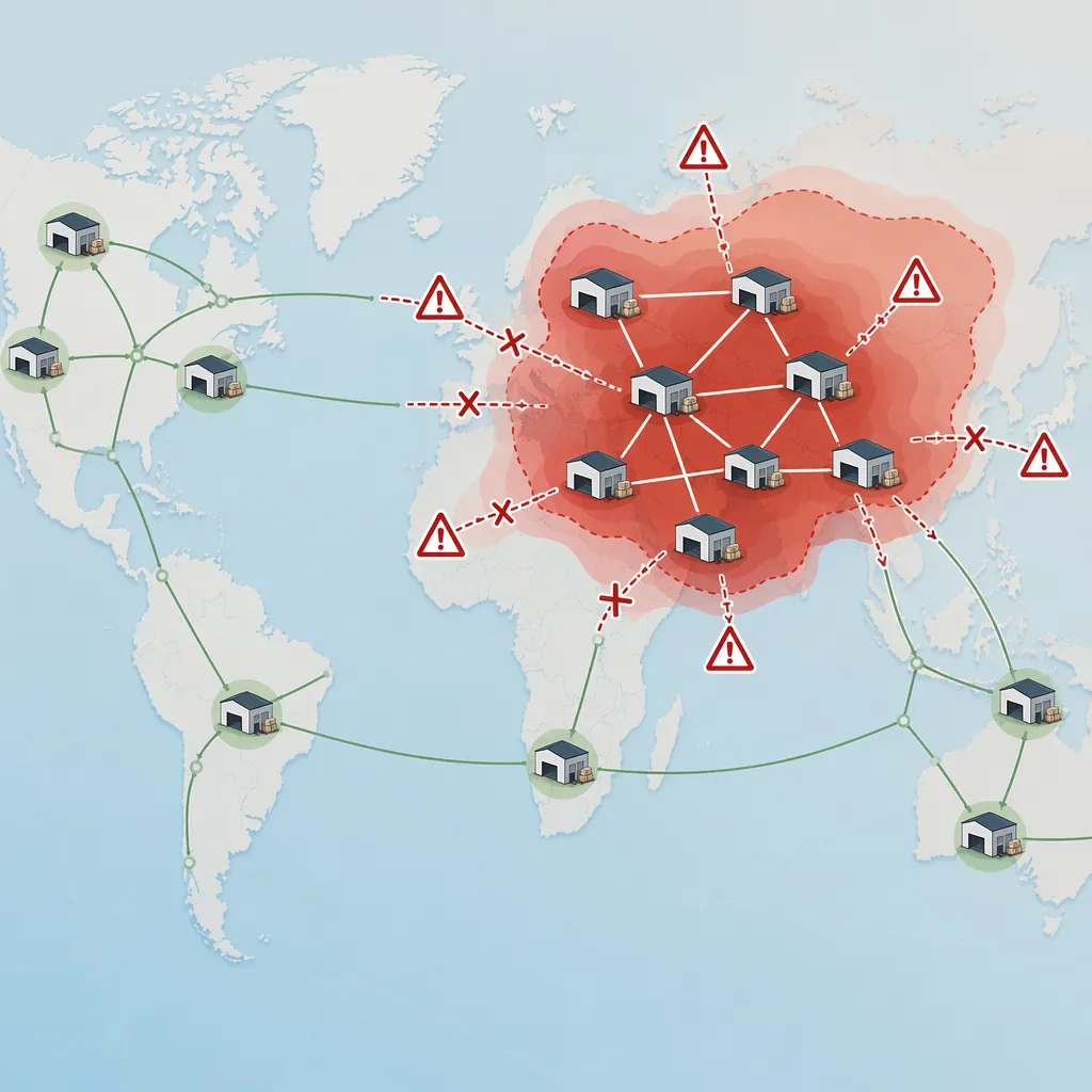 Warehouse nodes clustered inside a red geopolitical risk zone with broken logistics connections