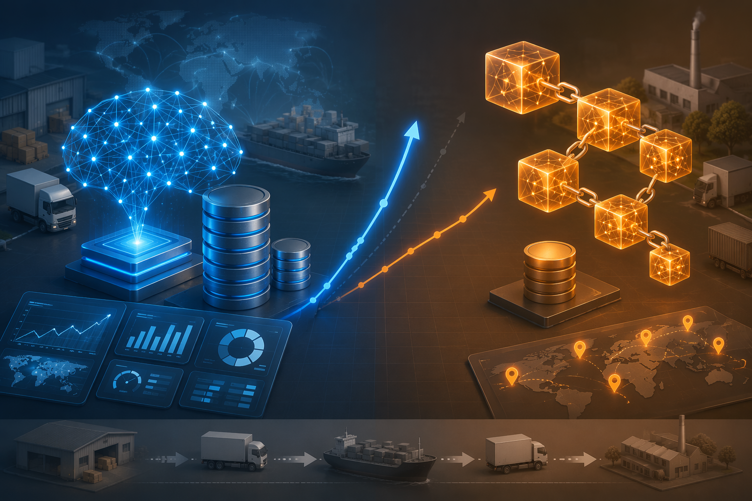 Side-by-side illustration comparing AI as a larger fast-scaling investment profile and blockchain as a smaller traceability-focused profile