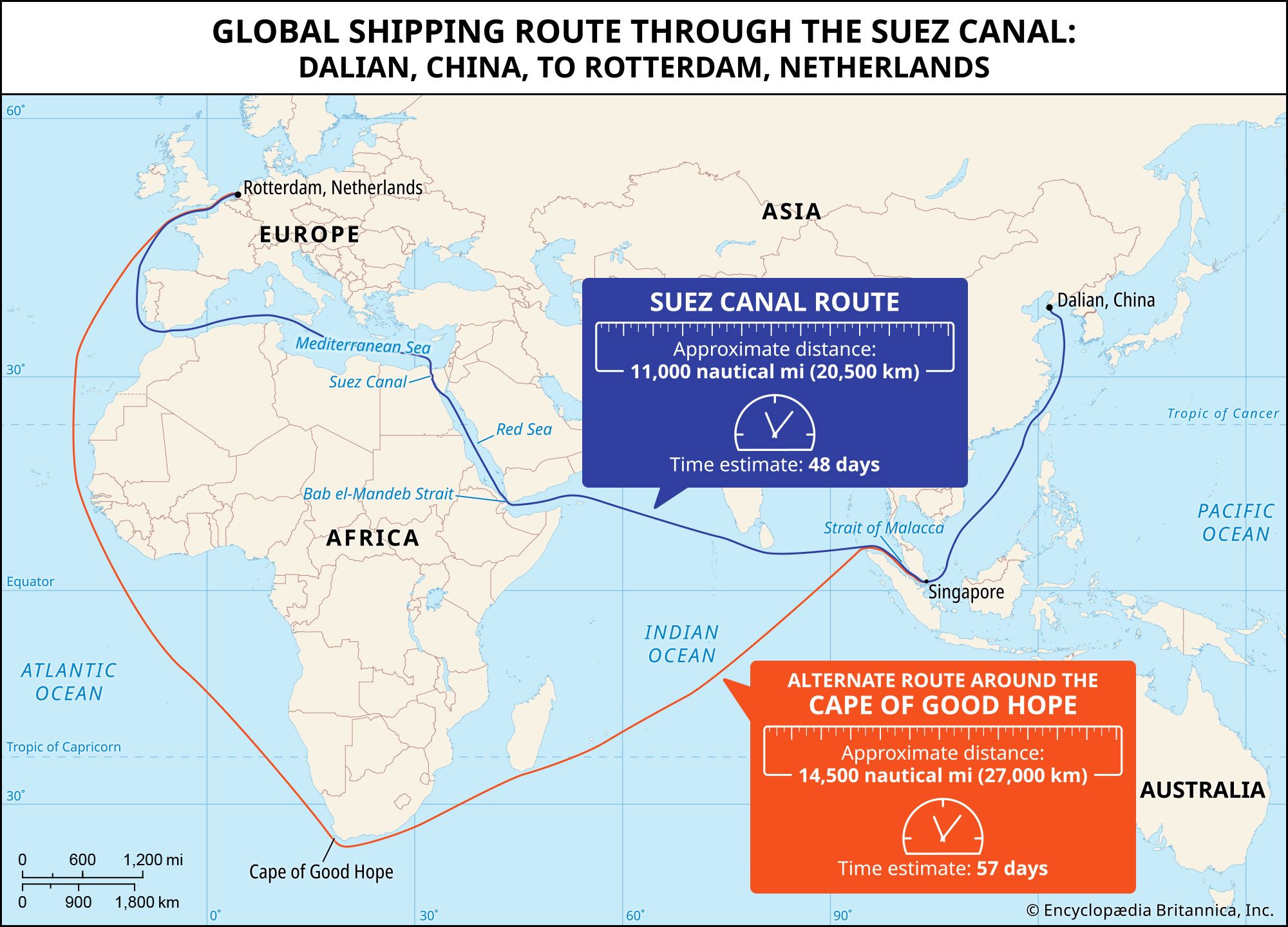 Map comparing the Suez Canal shipping route with the Cape of Good Hope diversion around Africa