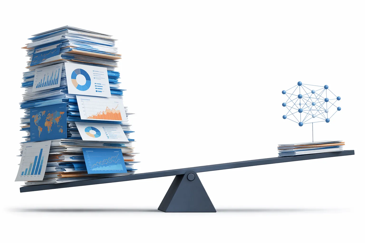 A tilted scale contrasting a large stack of climate disruption evidence with a smaller stack of AI effectiveness evidence