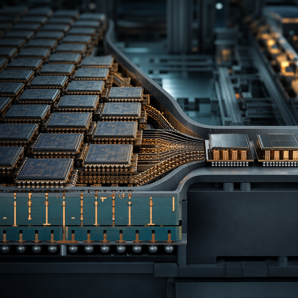 Advanced semiconductor packaging bottleneck with chip dies moving through a narrow interposer pathway