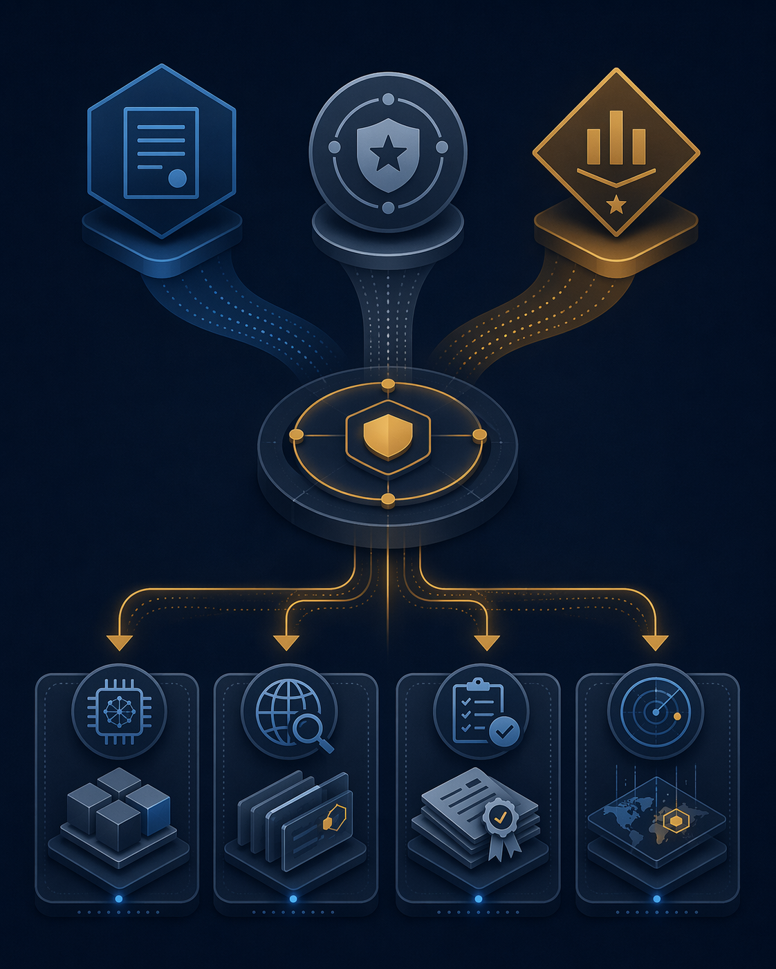 Policy symbols flowing into a compliance hub and branching into operational zones