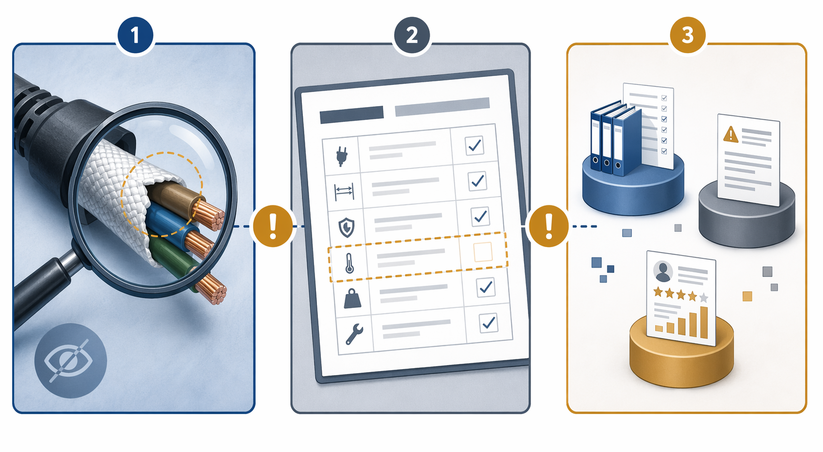 Three-panel illustration of a power cord sleeve gap, a QC checklist missing the sleeve coverage field, and disconnected supplier quality records