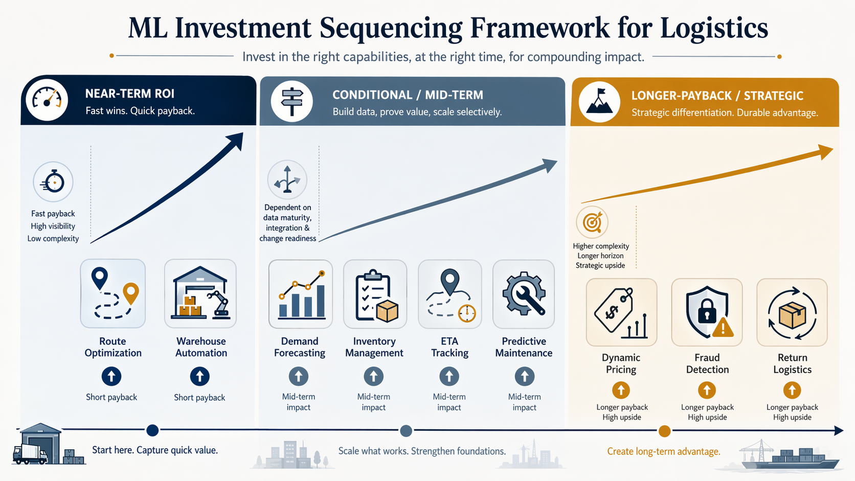 Infographic showing near-term, conditional mid-term, and longer-payback logistics ML investment tiers