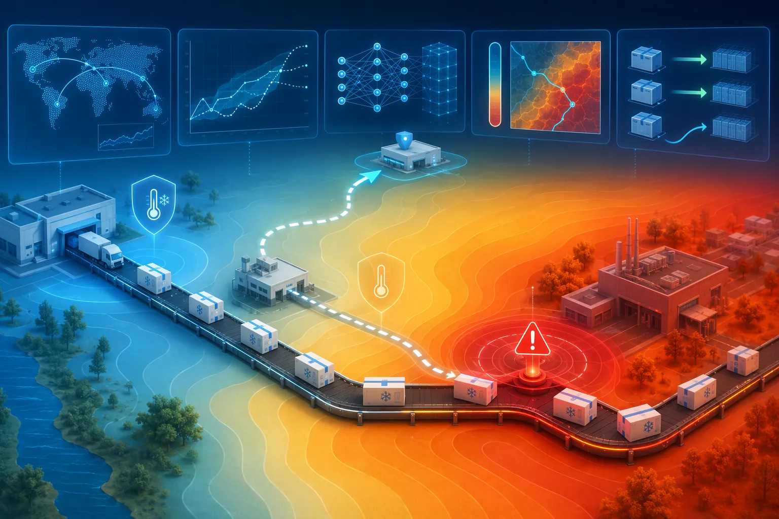 Pharmaceutical cold chain packages moving through heat zones with AI monitoring and inventory repositioning indicators
