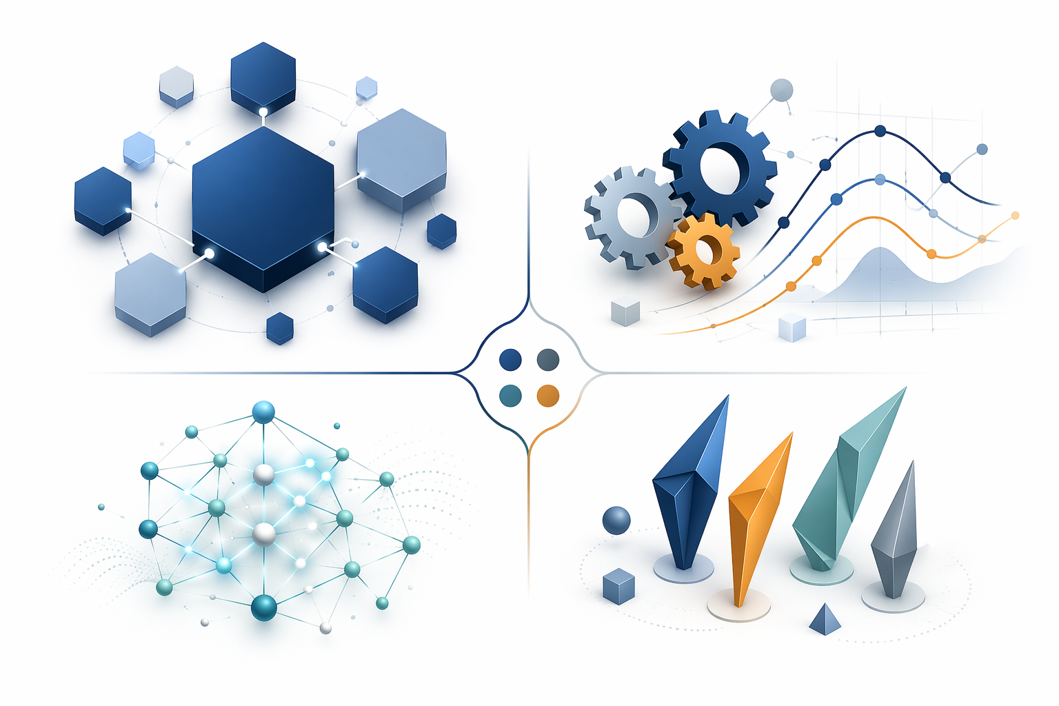 Four abstract geometric clusters representing ERP suites, planning specialists, AI-native platforms, and functional specialists