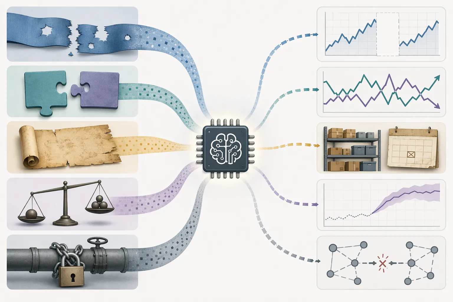 Five data quality problems flowing into an AI processor and producing five broken forecast outputs