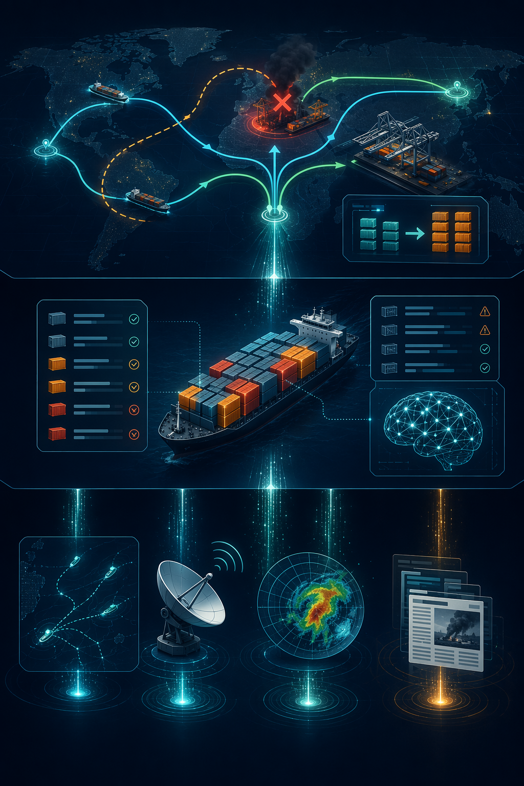 Three-tier maritime AI data flow showing signal sources, affected cargo assessment, and rerouting optimization