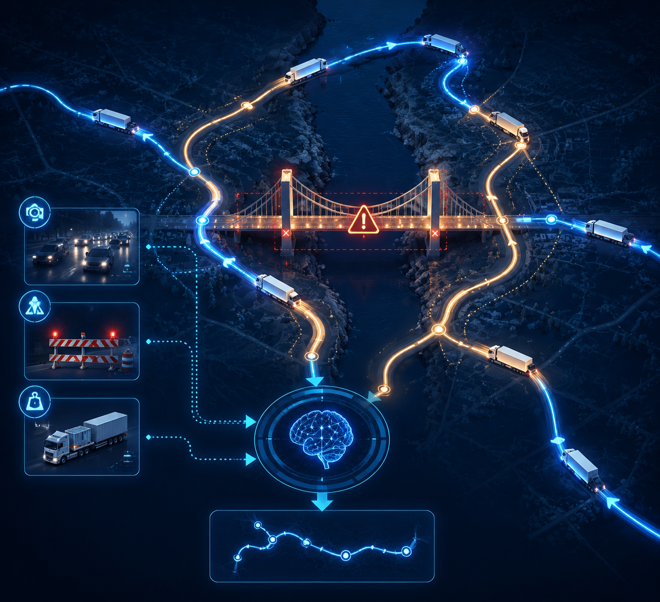 Map illustration of dynamic truck route paths recalculating around a bridge chokepoint