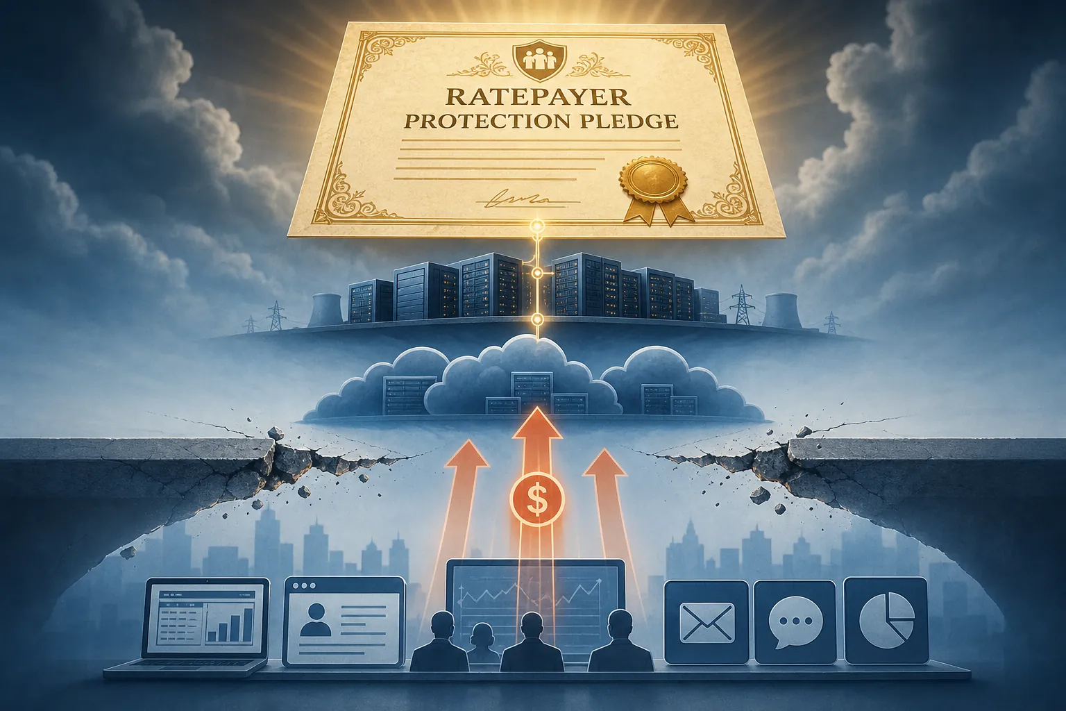 Official pledge document separated from enterprise AI platform icons by a visible cost pass-through gap