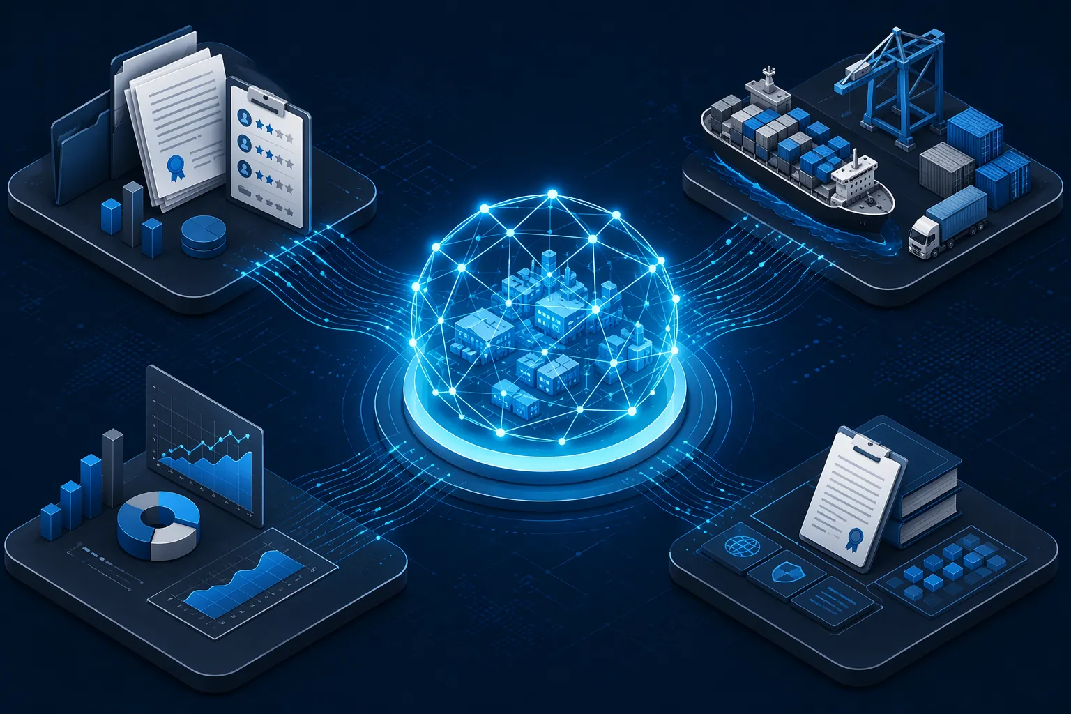 Procurement, logistics, finance, and compliance data streams flowing into a unified digital twin hub