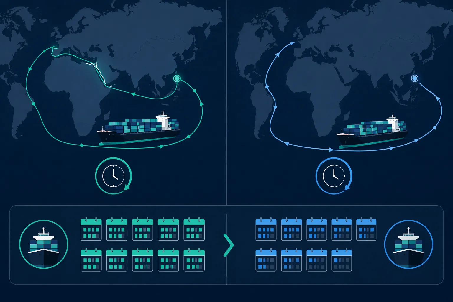 Diagram comparing shorter Suez Canal container ship round trips with longer Cape of Good Hope voyages that reduce annual round trips
