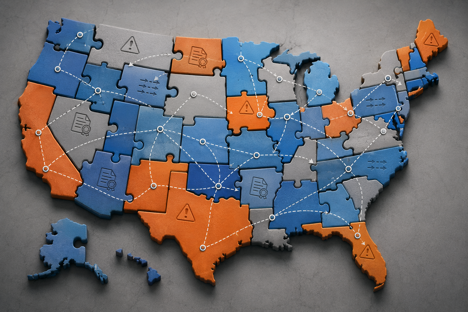 Fragmented United States map with supply chain network lines and regulatory warning icons