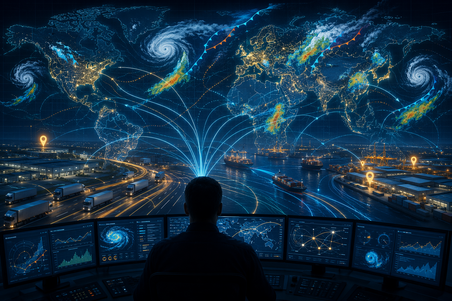 Digital world map showing AI weather data connected to logistics routes, warehouses, shipping lanes, and a control tower dashboard