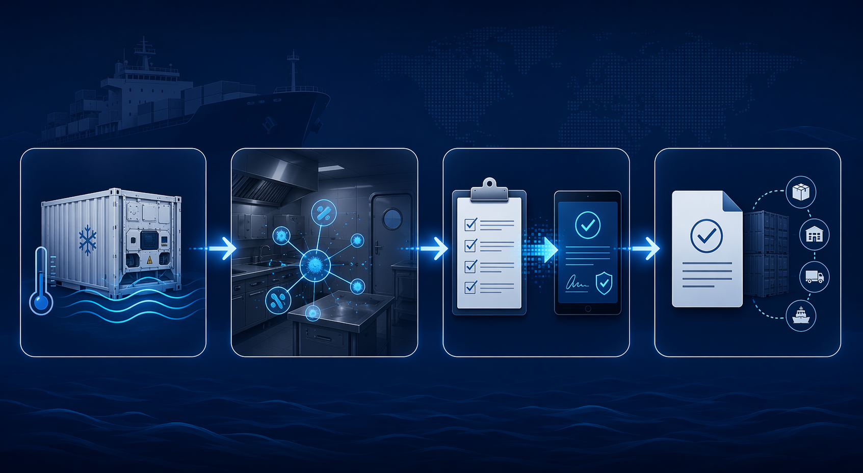 Diagram of four connected AI food safety stages: cold-chain monitoring, environmental monitoring, digital HACCP, and supplier documentation checks